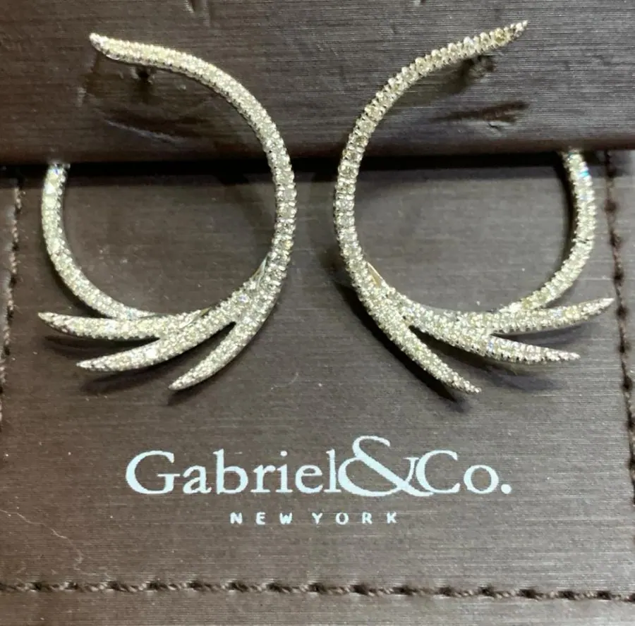Gabrial  & Co. 14K White Gold Intricate Diamond Fan Hoop Earrings view 3