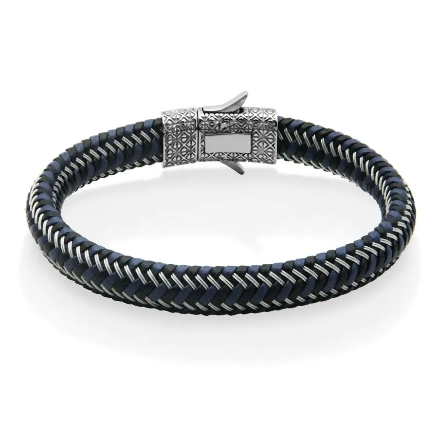 T1XE920185
$60.00
STEELX BLUE. BLACK AND SILVER LEATHER BRACELET. 8.5″