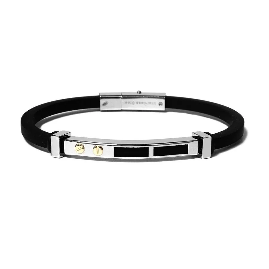 The Vault by STEELX- Made in Italy. “The Vincenzo” Stainless steel and rubber (black) bracelet with pure 18KT gold accents. CM. 20/8″