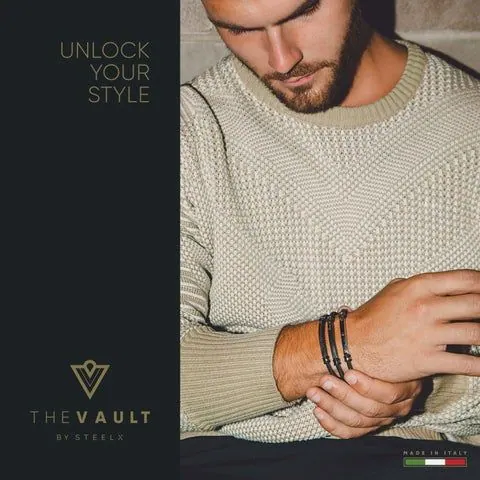 The Vault by STEELX- Made in Italy. “The Vincenzo” Stainless steel and rubber (black) bracelet with pure 18KT gold accents. CM. 20/8″ view 2