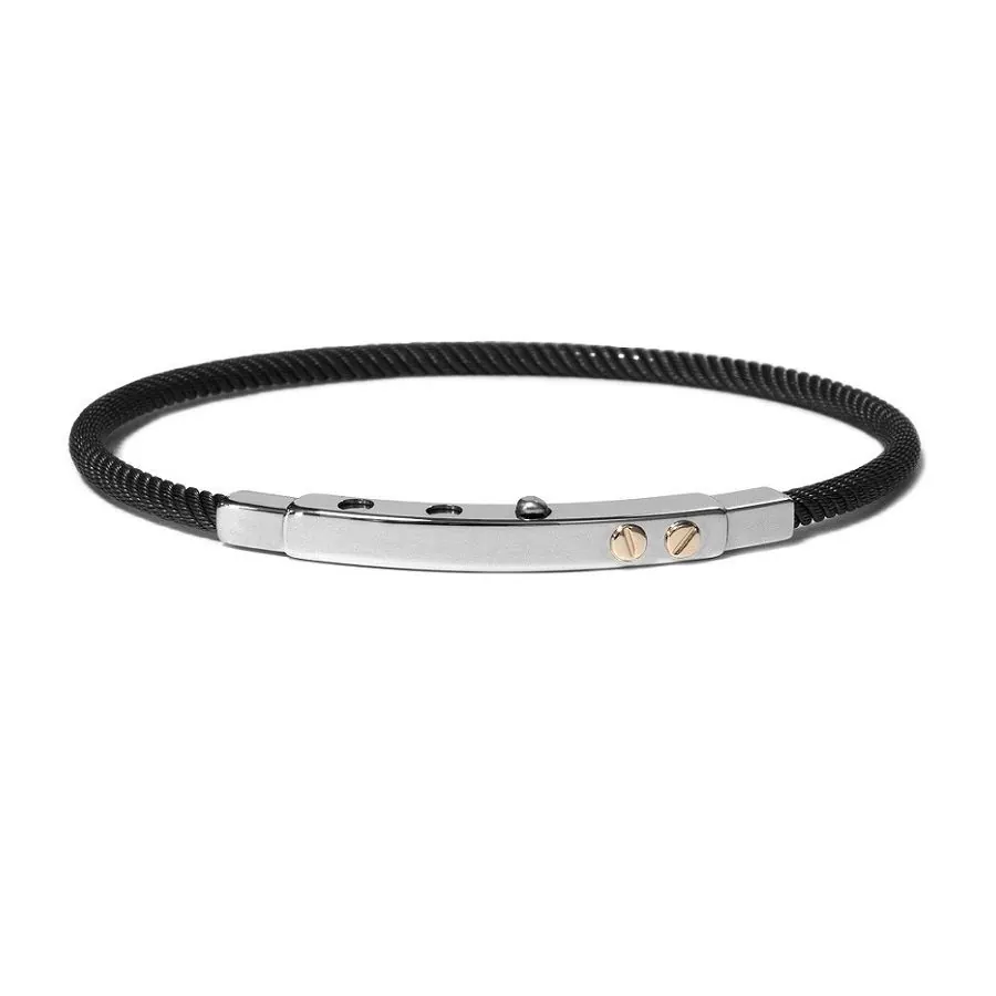 T1V0030280
$250.00
The Vault by STEELX- Made in Italy. “The Ciro” Stainless steel thin cable wire (black) bracelet with pure 18KT gold accents. Adjustable closure