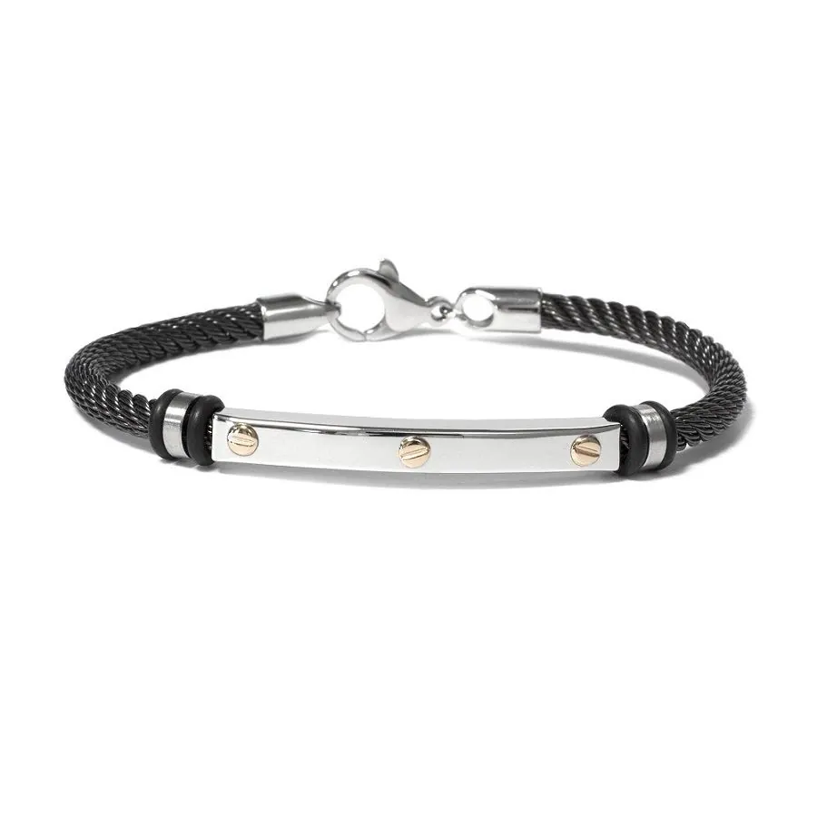 T1V0040275
$300.00
The Vault by STEELX- Made in Italy. “The Theo” Stainless steel cable wire (black) bracelet with pure 18KT gold accents. CM.19/7.5″