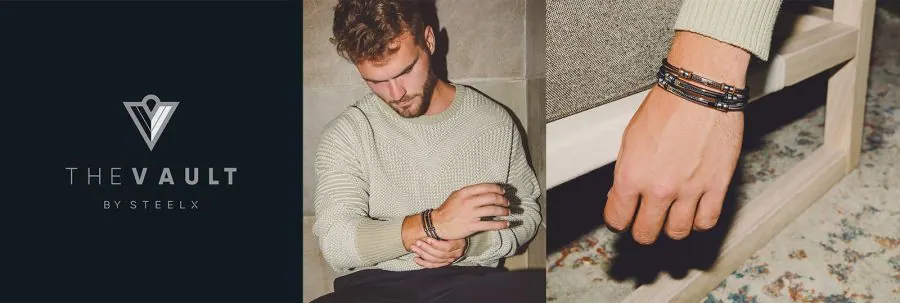T1V0040275
$300.00
The Vault by STEELX- Made in Italy. “The Theo” Stainless steel cable wire (black) bracelet with pure 18KT gold accents. CM.19/7.5″ view 2