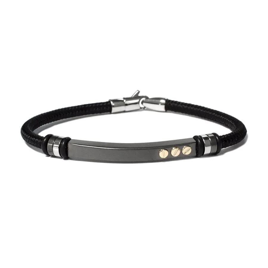 T1V0050280
$275.00
The Vault by STEELX- Made in Italy. “The Dario” Stainless steel and nautical rope (black) bracelet with pure 18KT gold accents. CM.20/ 8″