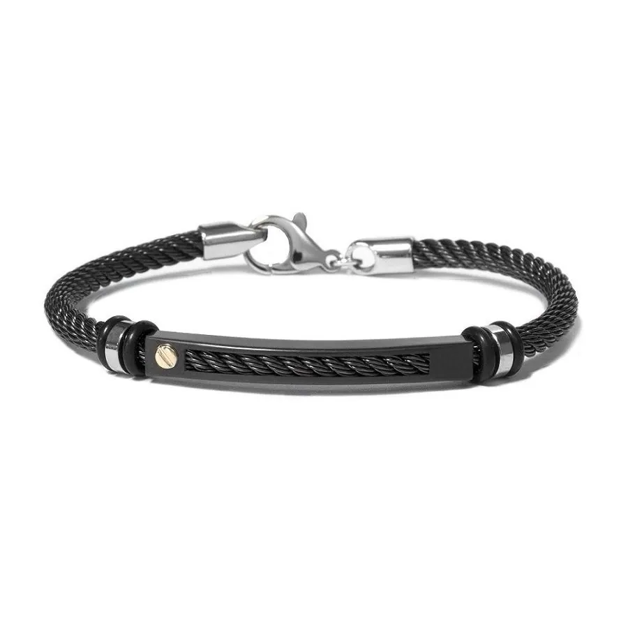 The Vault by STEELX- Made in Italy. “The Luca” Stainless steel cable wire (black) bracelet with pure 18KT gold accents. CM. 19/7.5″