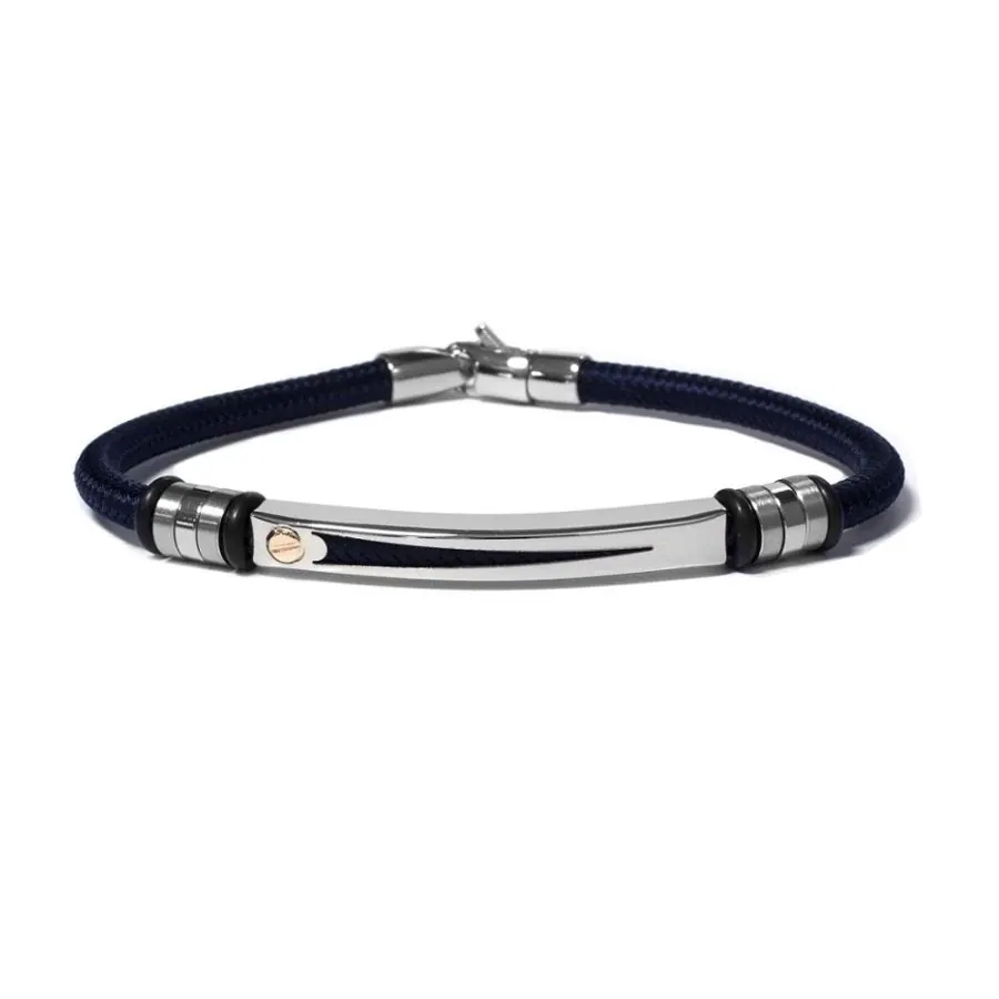 The Vault by STEELX- Made in Italy. “The Marco” Stainless steel and nautical rope (navy blue) bracelet with pure 18KT gold accents. CM. 20/8″