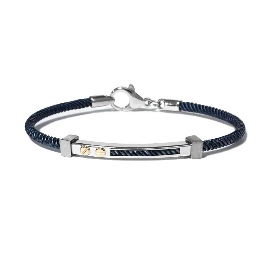 The Vault by STEELX- Made in Italy. “The Nico” Stainless steel thin cable wire (navy blue) bracelet with pure 18KT gold accents. CM.19/7.5″