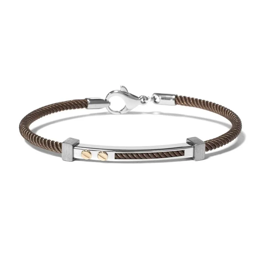 The Vault by STEELX- Made in Italy. “The Leo” Stainless steel thin cable wire (brown) bracelet with pure 18KT gold accents. CM. 19/7.5″