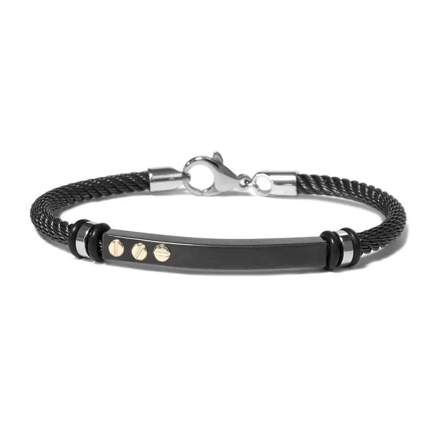 The Vault by STEELX- Made in Italy. “The Gino” Stainless steel cable wire (black) bracelet with pure 18KT gold accents. CM.19/7.5