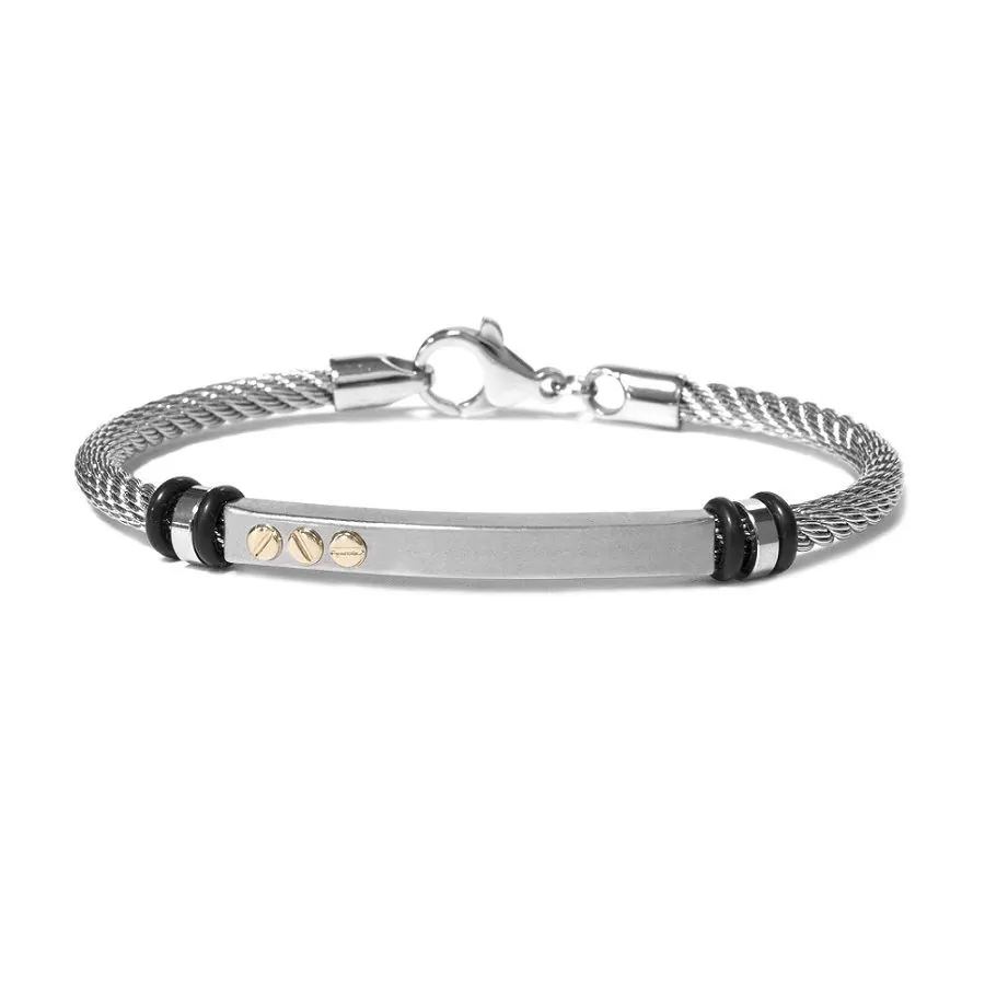 The Vault by STEELX- Made in Italy. “The Elio” Stainless steel cable wire (steel) bracelet with pure 18KT gold accents. CM.19/7.5″