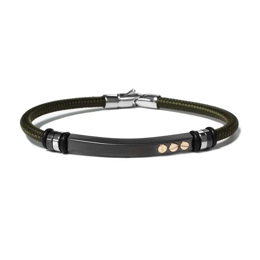 The Vault by STEELX- Made in Italy. “The Emilio” Stainless steel and nautical rope (army green) bracelet with pure 18KT gold accents. CM.20/ 8″