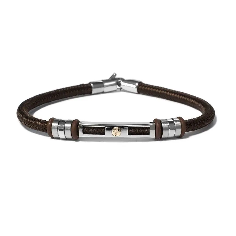 The Vault by STEELX- Made in Italy. “The Italo” Stainless steel and nautical rope (brown) bracelet with pure 18KT gold accents. CM. 20/ 8″