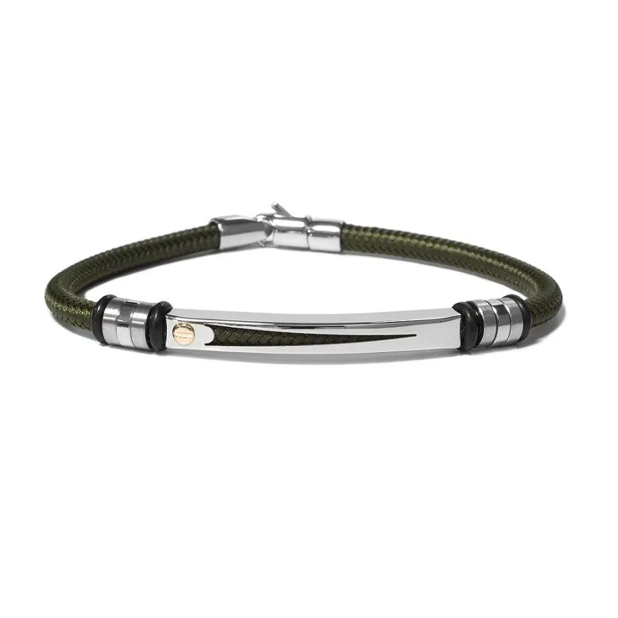 The Vault by STEELX- Made in Italy. “The Mateo” Stainless steel and nautical rope (army green) bracelet with pure 18KT gold accents. CM. 20/ 8″