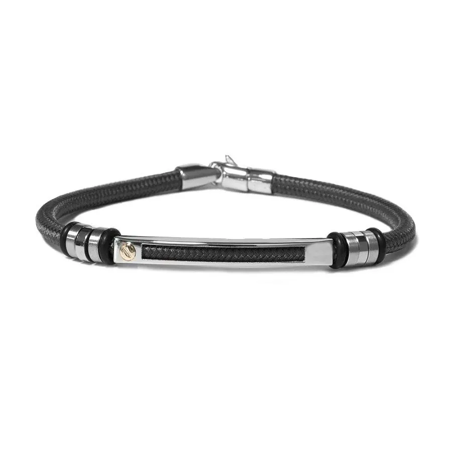 The Vault by STEELX- Made in Italy. “The Rocco” Stainless steel and nautical rope (gun metal grey) bracelet with pure 18KT gold accents. CM.20/8″