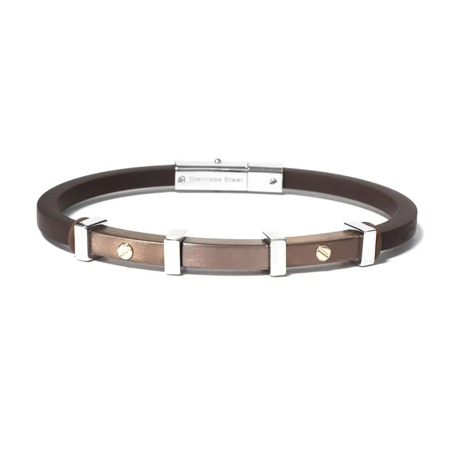 The Vault by STEELX- Made in Italy. “The Alessandro” Stainless steel and rubber (brown) bracelet with pure 18KT gold accents. CM.20/ 8″