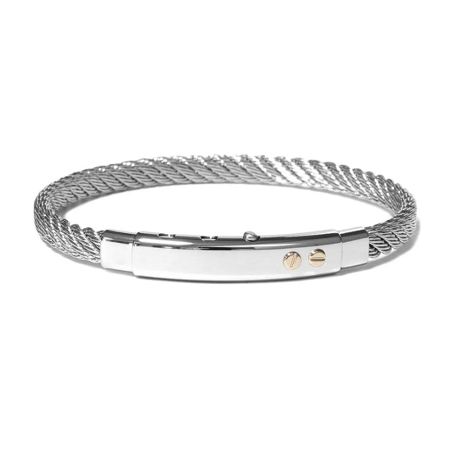 The Vault by STEELX- Made in Italy. “The Enzo” Stainless steel thick cable wire (steel) bracelet with pure 18KT gold accents. Adjustable closure