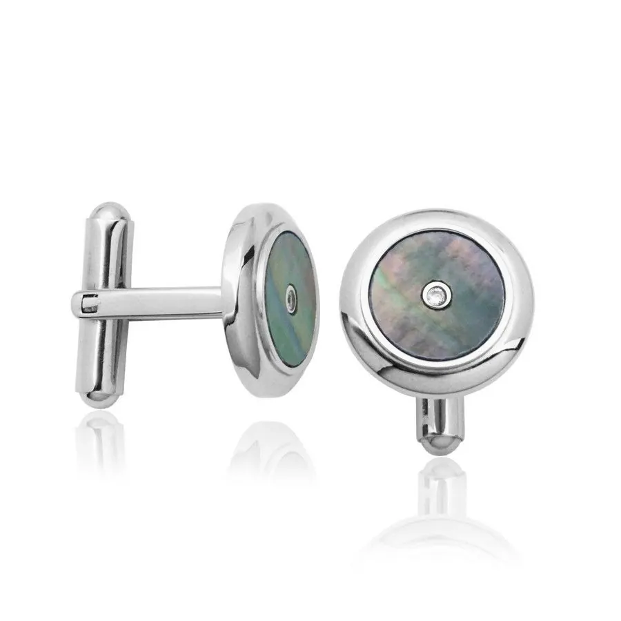 STEELX MOTHER OF PEARL ROUND CUFF LINKS WITH CZ