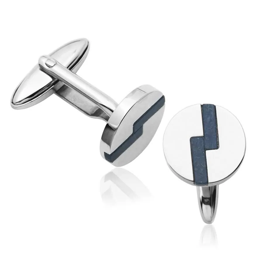 STEELX GENUINE LAPIS THUNDER BOLT ROUND CUFF LINKS.