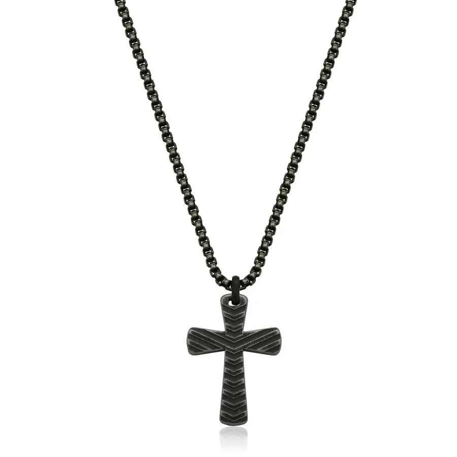 STEELX Textured cross necklace in antique black plating. 24″
