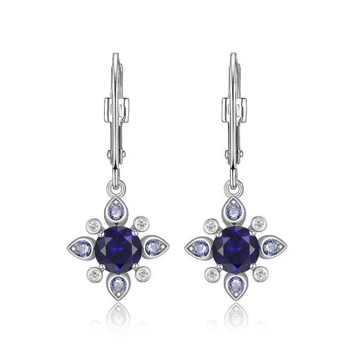 ELLE Sterling Silver Star Dangle Earrings with Lab Created Sapphire and Diamond