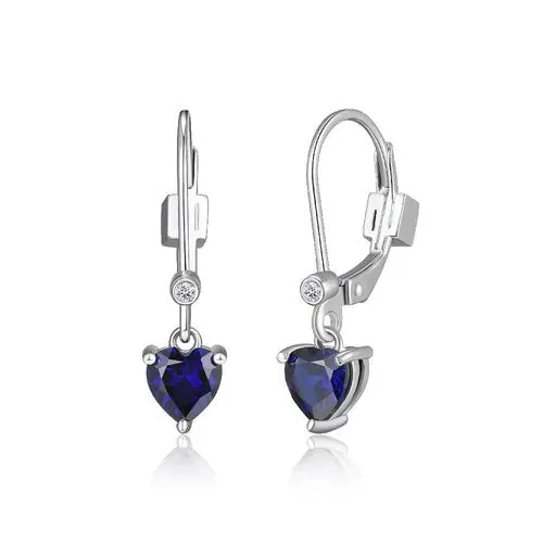 Sterling Silver Earrings with Lab Created Sapphire (Heart Shape 5mm) and Lab Grown Diamond (Total Weight 2pt, F/C, H-I/I1), Lever Back, Rhodium Plated