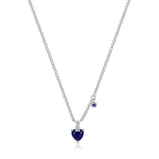Sterling Silver Necklace with Lab Created Sapphire (Heart Shape 6mm Heart) and Lab Grown Diamond (Total Weight 3pt, F/C, H-I/I1), Measures 18″ Long, Plus 2″ Extender for Adjustable Length, Rhodium Plated view 2
