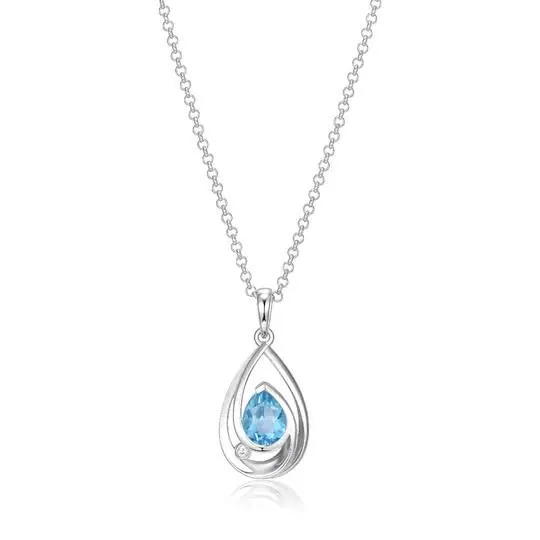 Sterling Silver Necklace with Genuine Blue Topaz (Pear Shape 8x6mm) and Mined Diamond (Total Weight 1.5pt, F/C, I-J/I3), Measures 18″ Long, Plus 2″ Extender for Adjustable Length,, Rhodium Plated