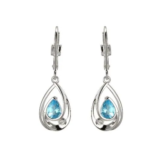 Sterling Silver Earrings with Genuine Blue Topaz (Pear Shape 6x4mm) and Mined Diamond (Total Weight 2pt, F/C, I-J/I3), Lever Back, Rhodium Plated