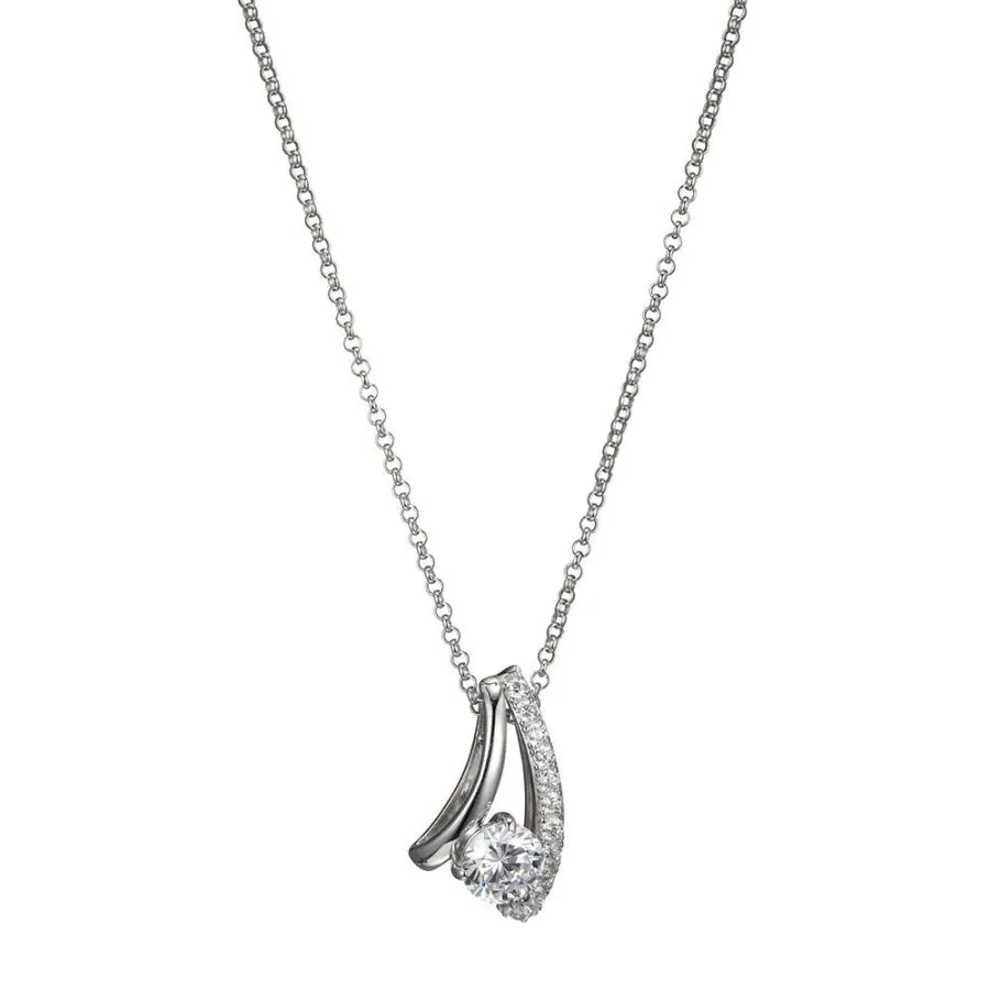 Sterling Silver Necklace, Double Band with Round 7mm CZ , Measures 18″ Long, Plus 2″ Extender for Adjustable Length, Rhodium Plated