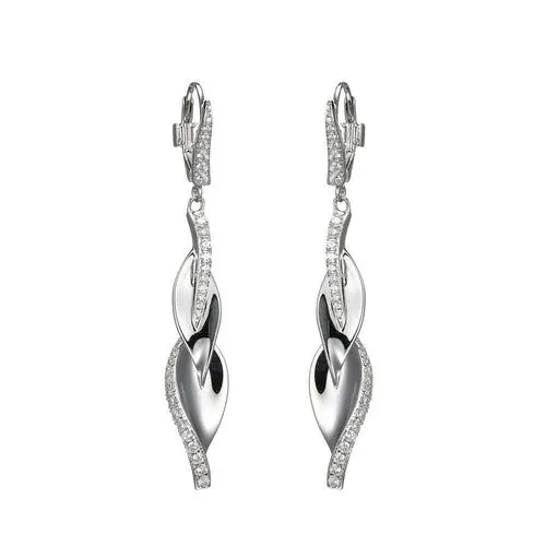 Sterling Silver Earrings, 2-Leaf (36x8mm) with CZ, Lever Back, Rhodium Plated