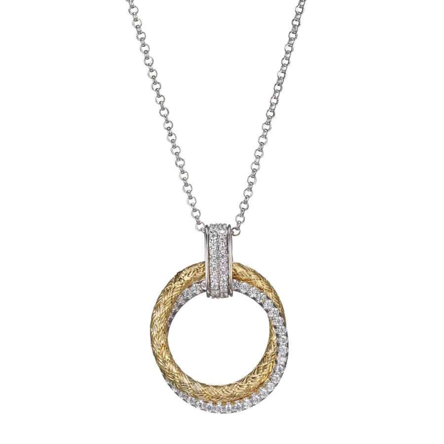 Sterling Silver Necklace with Mesh and CZ, 17″+2″, 2 Tone, 18K Yellow Gold and Rhodium Finish