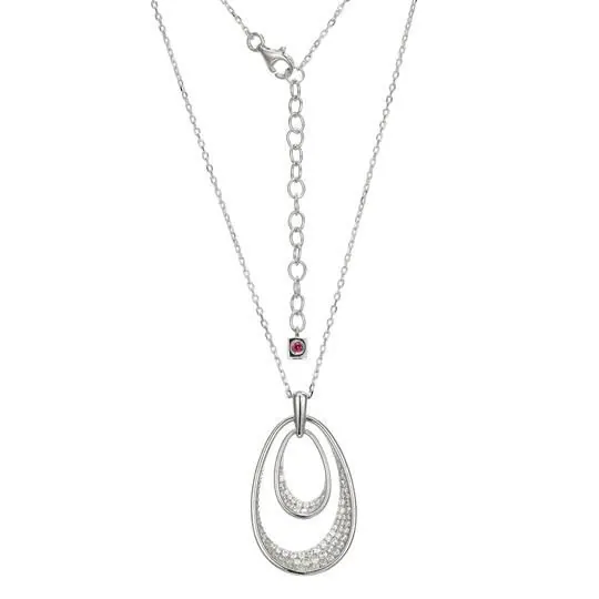 Sterling Silver Double Oviform (36x20mm) Pave CZ Necklace, Measures 24″ Long, Plus 2″ Extender for Adjustable Length, Rhodium Plated