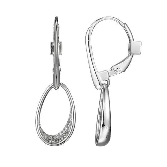 Sterling Silver Oviform (15x9mm) Pave CZ Dangle Earring, Lever Back, Rhodium Plated