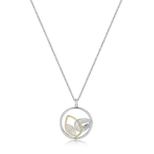Sterling Silver Necklace with Circle and Pave CZ, Measures 20″ Long, Plus 2″ Extender for Adjustable Length, 2 Tone, Rhodium and 18K Yellow Gold Plated