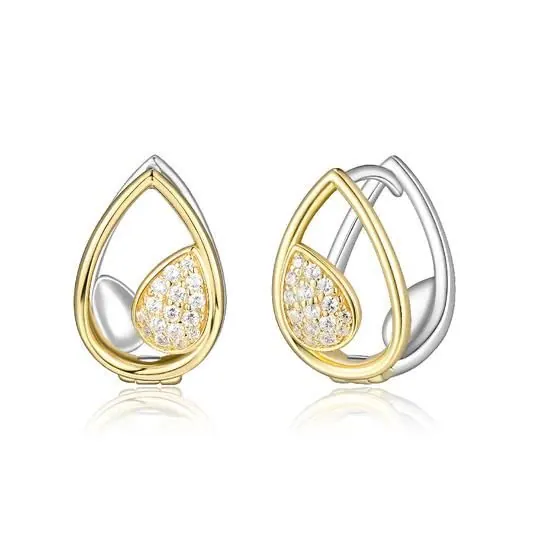 Sterling Silver 3D Huggie Hoop with Pear Shape (15x11x11mm) and Pave CZ, Hidden Snap Bar, 2 Tone, Rhodium and 18K Yellow Gold Plated