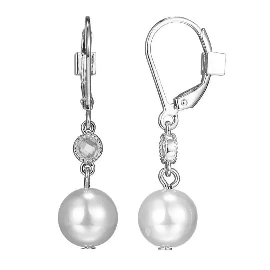 Sterling Silver Genuine White Freshwater Pearl (8mm) and Round CZ (3mm) Dangle Earring with Lever Back, 2 Tone, Rhodium and 18K Yellow Gold Plated