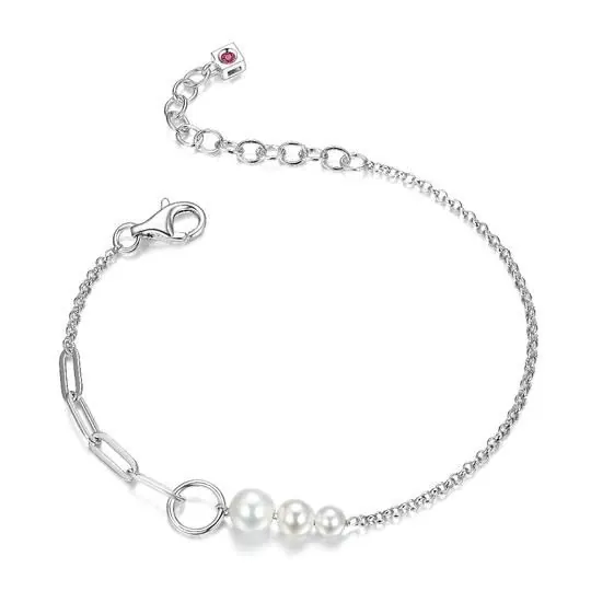 Sterling Silver White Shell Pearl (6, 5 and 4mm) Bracelet, Measures 6.5″ Long, Plus 1.5″ Extender for Adjustable Length, Rhodium Plated