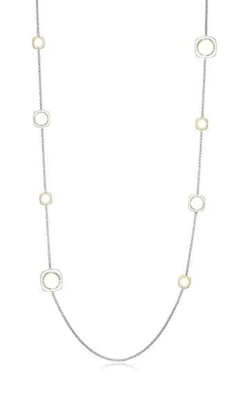 Sterling Silver Long Necklace with Open Square Stations, 36″ Long, 2 Tone, Rhodium and 18K Yellow Gold Plated