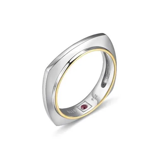 Sterling Silver Square Ring, Size 6, 2 Tone, Rhodium and 18K Yellow Gold Plated