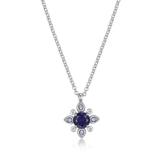 Sterling Silver Necklace with Lab Created Sapphire (Round Shape 6 & 2.25mm) and Lab Grown Diamond (Total Weight 4pt, F/C, H-I/I1), Measures 18″ Long, Plus 2″ Extender for Adjustable Length, Rhodium Plated
