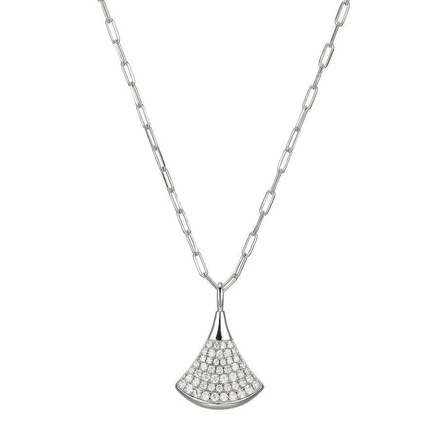 Sterling Silver Necklace made with Paperclip Chain (2mm) and CZ Fan Shaped Pendant (26x18mm), Measures 17″ Long, Plus 2″ Extender for Adjustable Length, Rhodium Finish