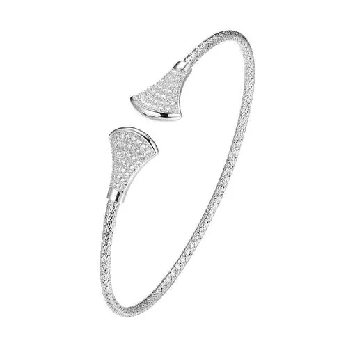 Sterling Silver 2mm Mesh Cuff with Fan Shape Pave CZ , Circumference 6.75″, Rhodium Finish