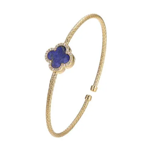 Sterling Silver 2mm Mesh Cuff with Lapis Lazuli (Clover Shape 11X11mm) and CZ, Circumference 6.75″, 18K Yellow Gold Finish