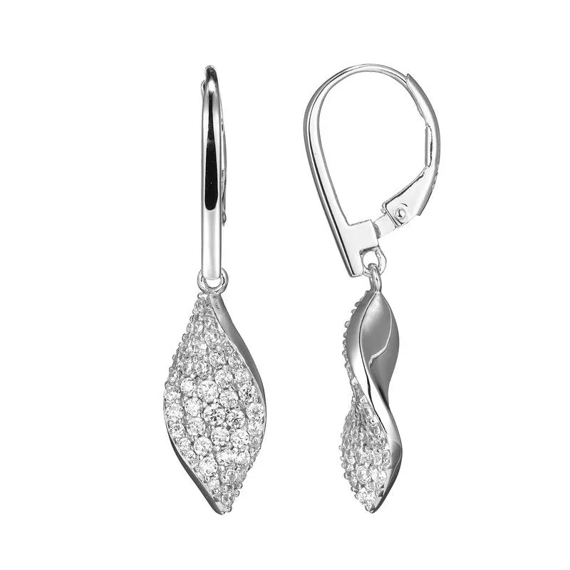 Sterling Silver Drop Earrings with Twist CZ Marquise (17x8mm), Lever Back, Rhodium Finish