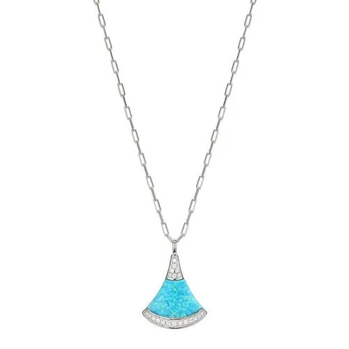 Sterling Silver Necklace made with Paperclip Chain (2mm) and Fan Shape Synthetic Blue Opal (19x13x2.2mm) with CZ Pendant, Measures 17″ Long, Plus 2″ Extender for Adjustable Length, Rhodium Finish