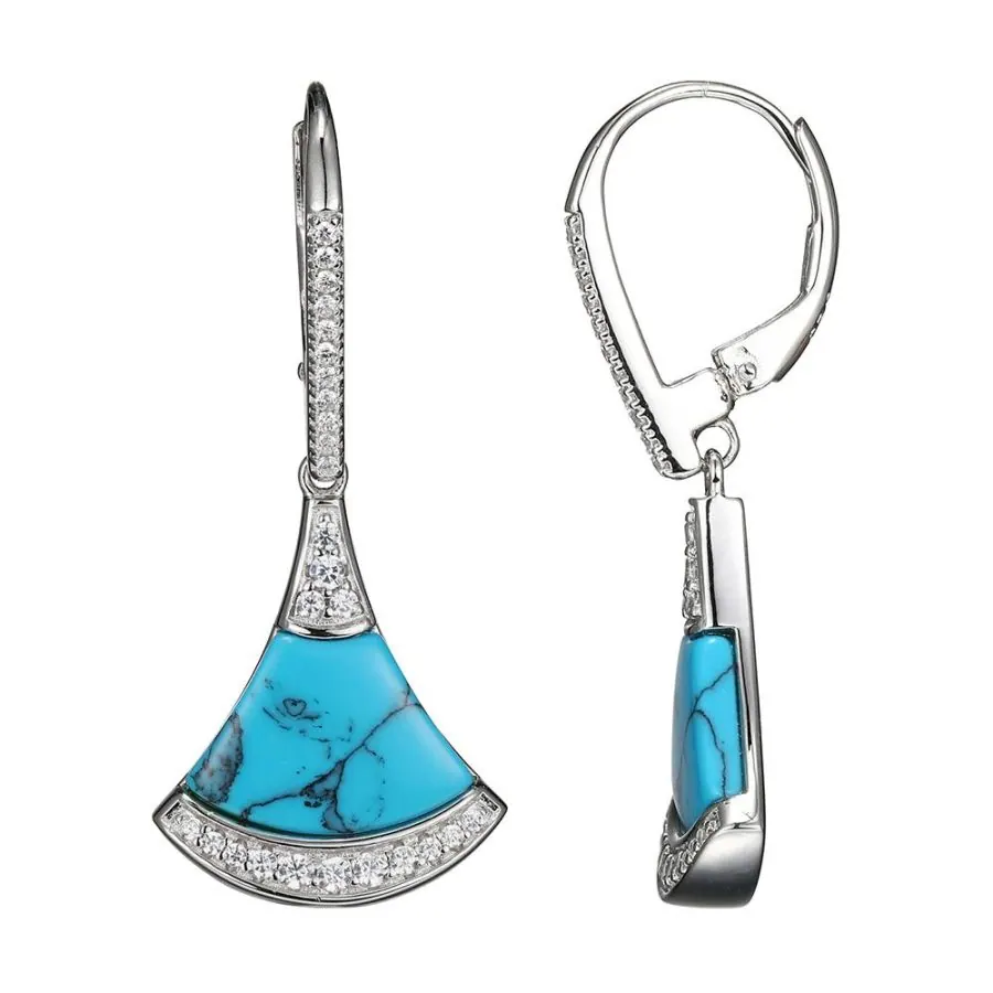 Sterling Silver Earrings with Fan Shape Synthetic Turquoise (13x9x2mm) and CZ, CZ Lever Back, Rhodium Finish