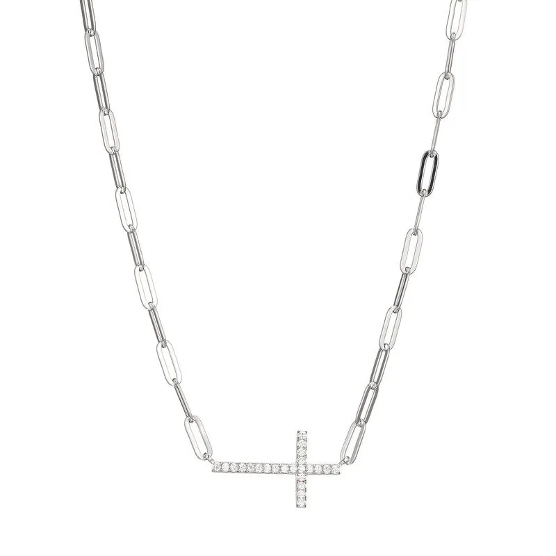 Sterling Silver Necklace made with Paperclip Chain (3mm) and CZ Cross (25x15mm) in Center, Measures 17″ Long, Plus 2″ Extender for Adjustable Length, Rhodium Finish