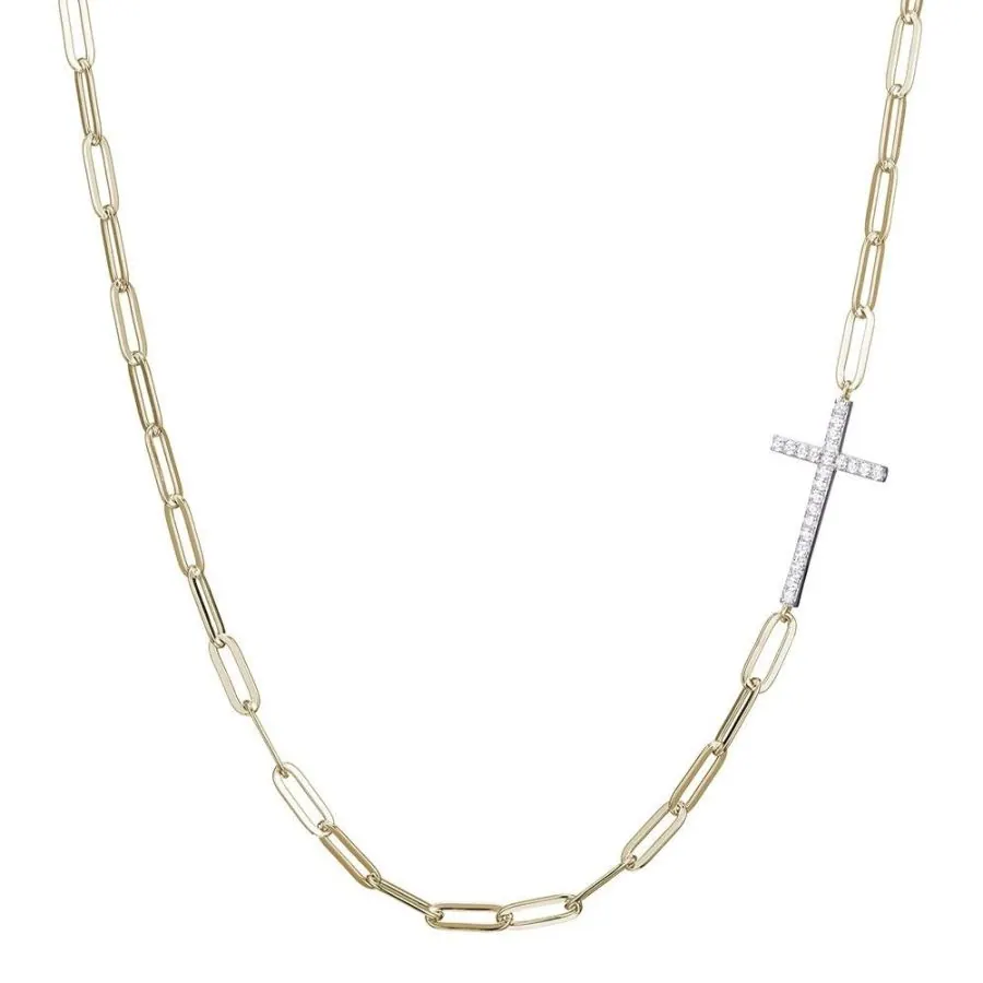 Sterling Silver Necklace made with Paperclip Chain (3mm) and Sideway CZ Cross, Measures 17″ Long, Plus 2″ Extender for Adjustable Length, 18K Yellow Gold and Rhodium Finish