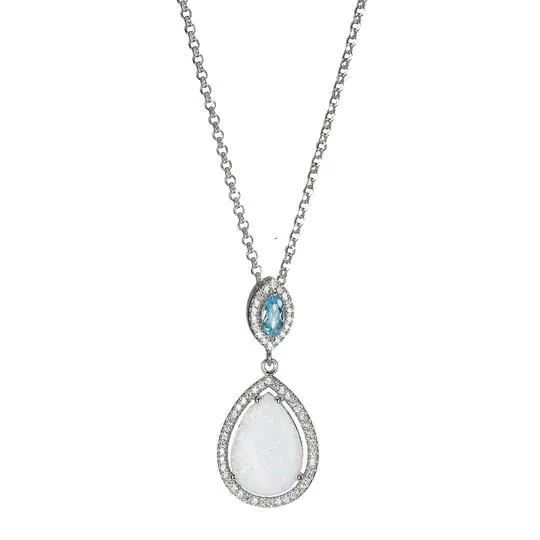 Sterling Silver Necklace with Synthetic Opal, Swiss Blue Topaz and CZ , 17″+2″, Rhodium Finish