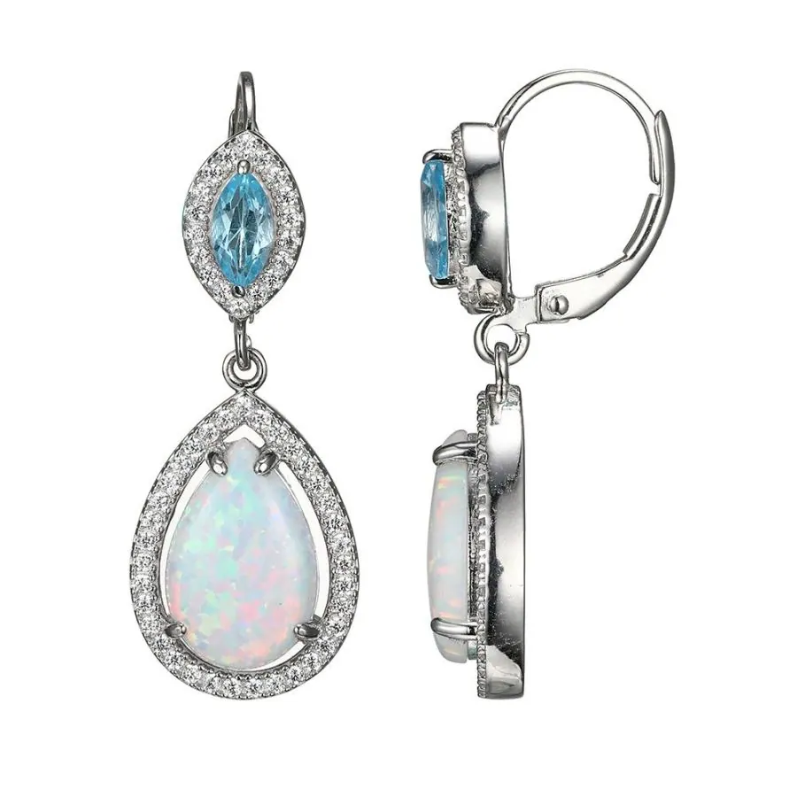 Sterling Silver Earring with Synthetic Opal, Swiss Blue Topaz and CZ , Rhodium Finish